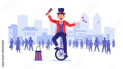 The Street Performer: A jovial street performer, poised atop a unicycle in a vibrant urban landscape, balances with skillful ease as he juggles a colorful array of items.