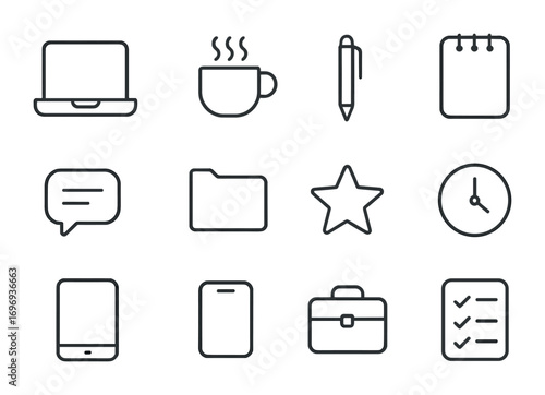 Freelance Tools Icons. Outline icon set of creative freelancing: laptop, coffee cup, pen, notepad, chat bubble