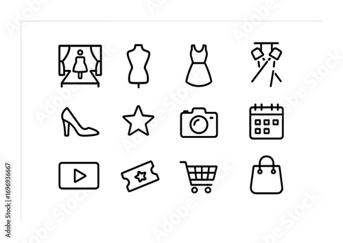 Fashion Show Icons. Outline icon set of online fashion shows: runway, mannequin, dress, spotlight, high heels,