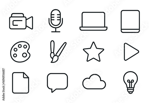 Creative Tool Icons. Outline icon set of creative content creation: video camera, microphone, laptop, tablet,