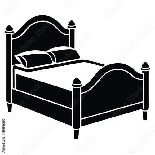 Black Silhouette of a Traditional Bed with Headboard and Pillows Illustration
