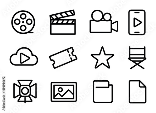 Online Film Icon Set. Outline icon set of online film industry: film reel, clapperboard, video camera,