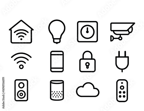 Home Automation Icons. Outline icon set of home automation: smart home, light bulb, thermostat, security