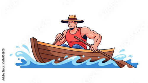 Strong Man Rowing a Boat: A muscular man, rowing a wooden boat with determined strokes across water, personifying the strength and focus of a nautical scene. The artwork is styled with clean lines.