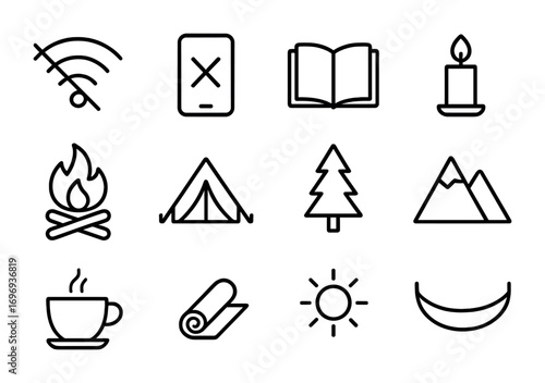 Unplugged Retreat Icons. Outline icon set of unplugged weekends: no Wi-Fi symbol, phone with cross, book,