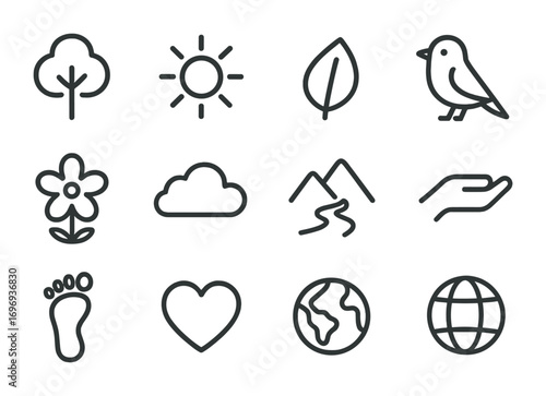 Nature Connection Icons. Outline icon set of nature connection: tree, sun, leaf, bird, flower, cloud, mountain