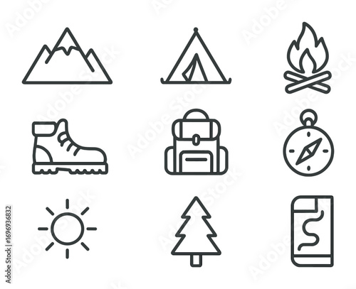 Mountain Retreat Icons. Outline icon set of mountain retreats: peak, tent, campfire, hiking boots, backpack,