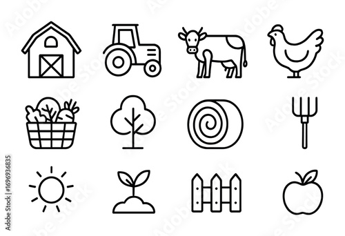 Farm Stay Icons. Outline icon set of farm stays: barn, tractor, cow, chicken, basket of veggies, tree, hay