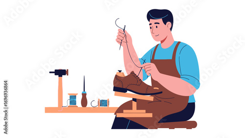 Artisan's Craft: A skilled artisan is meticulously engrossed in mending a shoe, artfully blending tradition with skill, an image of classic craftsmanship, the embodiment of bespoke artistry.
