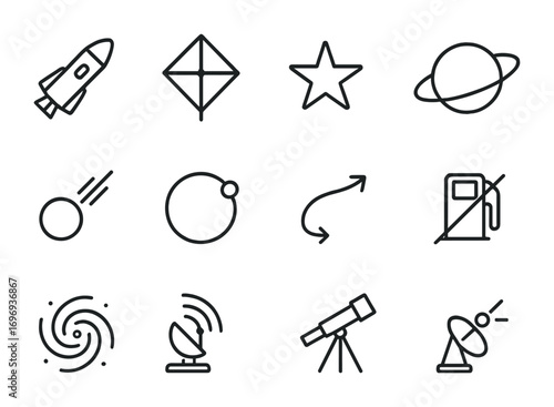Interstellar Travel Icons. Outline icon set of interstellar travel: spacecraft, solar sail, star, planet,