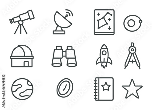 Astronomy Tools Icons. Outline icon set of astronomy tools: telescope, satellite dish, star chart, observatory