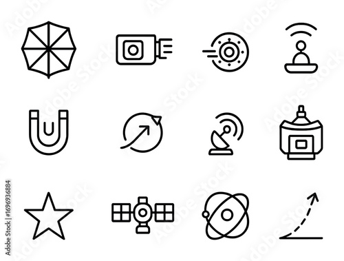 Futuristic Propulsion Icons. Outline icon set of futuristic propulsion: solar sail, plasma thruster, ion