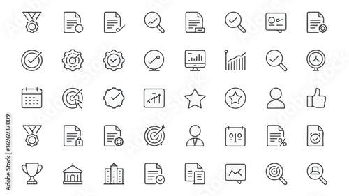 Collection of business achievement and analysis icons award document