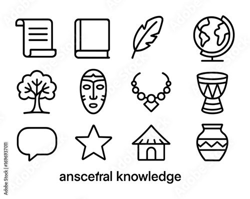 Ancestral Knowledge Icons. Outline icon set of ancestral knowledge: scroll, book, feather, globe, tree, mask,