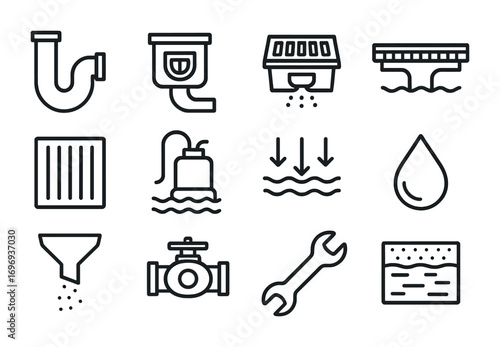 Water Drainage Icons. Outline icon set of water drainage systems: drain pipe, storm sewer, catch basin, trench