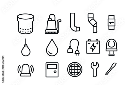 Sump Pump Diagram Icons. Outline icon set of sump pump diagram: sump basin, pump motor, discharge pipe, check