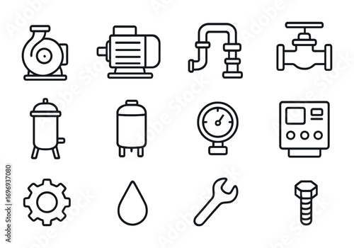 Industrial Pump Icons. Outline icon set of industrial pumps: centrifugal pump, motor, pipe, valve, filter,