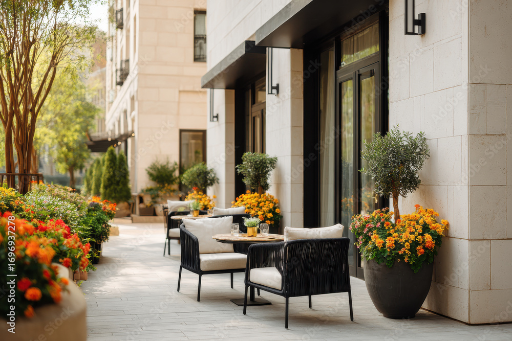 Fototapeta premium modern stylish outdoor cafe featuring beautifully designed terrace adorned with ultrabright flowers and lush green