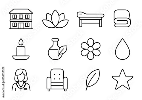 Luxury Spa Icons. Outline icon set of luxury spa centers: building, lotus icon, massage table, towel, candle,
