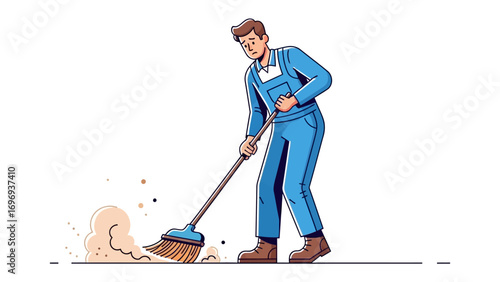 Clean Sweep: A detailed illustration of a dedicated worker diligently sweeping. The worker's focused demeanor highlights commitment to tidiness, discipline, and routine
