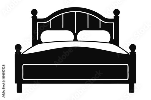 Black and White Bed Illustration with Pillows and Headboard for Interior Design