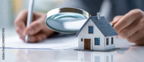 The House Model Under a Magnifying Glass During Real Estate Inspection and Paperwork Review