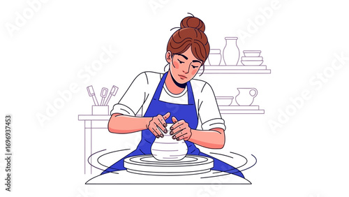 Crafting Creation: A skilled artisan molds clay on a spinning pottery wheel. The scene is imbued with a sense of artistic focus. It reflects dedication, and the joy of creativity.