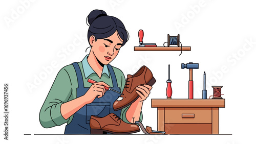 Artisan at Work: Capturing the intricate dedication of a craftsperson as she skillfully repairs a shoe with precision in a detailed illustration.
