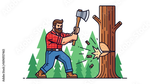 Lumberjack Chopping Tree: An illustration of a lumberjack decisively chopping a tree with an axe in a vibrant outdoor setting. capturing strength and precision of work.
