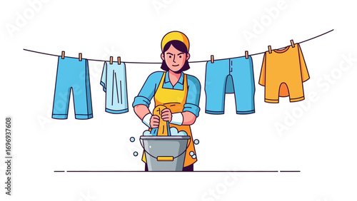 Laundry Day: A dedicated individual diligently hand-washes clothes in a bucket while other garments air-dry on a clothesline, showcasing a blend of old and modern methods. 