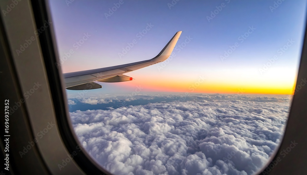 Obraz premium Airplane window view of sunrise over clouds