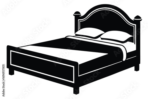 Black and White Silhouette Illustration of an Elegant Bed with Pillows and Covers