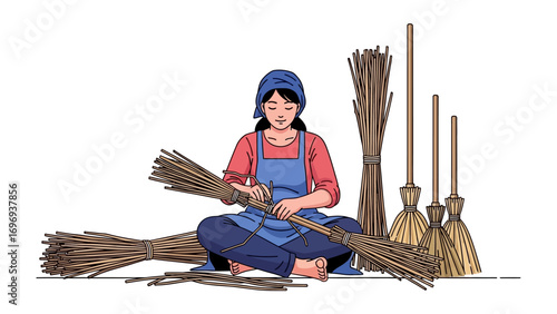 Artisan's Craft:  A skilled artisan meticulously crafts traditional brooms, embodying the charm of cultural preservation, showcasing the heritage of rural life. 