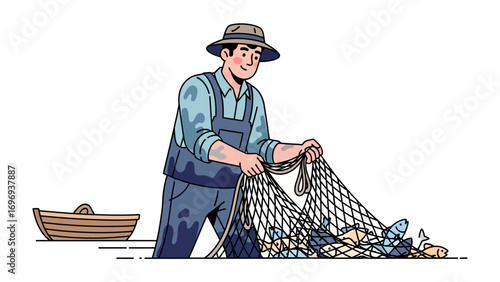  Fisherman with a Catch: A dedicated fisherman meticulously tends to his bountiful catch, illustrating the timeless pursuit of the sea and the essence of an honest day's work.