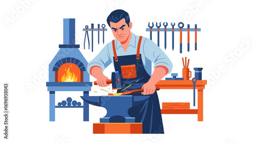 Blacksmith at Work: A skilled blacksmith is seen at work, meticulously crafting metal with a hammer, and anvil, within a rustic workshop with the glowing forge.