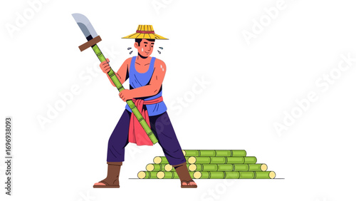 Hardworking Farmer Cutting Crops: A diligent farmer, bathed in sweat under the sun, meticulously cuts sugarcane in the field with a heavy blade, representing rural life and agricultural labor.
