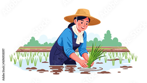 Hardworking in Field: A dedicated person, adorned in a straw hat, meticulously plants rice seedlings in a flooded paddy field. The idyllic scene captures the essence of traditional agriculture.
