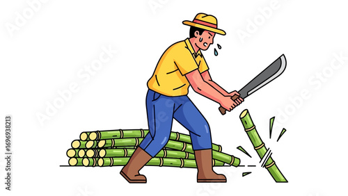 Sugarcane Cutter: An illustrated farmer expertly cuts sugarcane, showing precision, dedication, and the essence of agrarian life. Capturing the story of labor and agriculture.