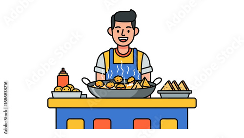 Street Food Vendor's Delights: A cheerful food vendor stands behind his stall, presenting a colorful array of savory fried snacks and condiments