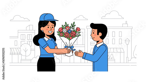 Floral Offering: A heartwarming scene unfolds as a delivery person hands a vibrant bouquet of flowers to a cheerful person against the backdrop of a serene urban setting. 