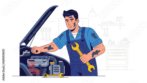 Automotive Mechanic at Work: A skilled automotive mechanic inspects a car's engine, meticulously checking the components.