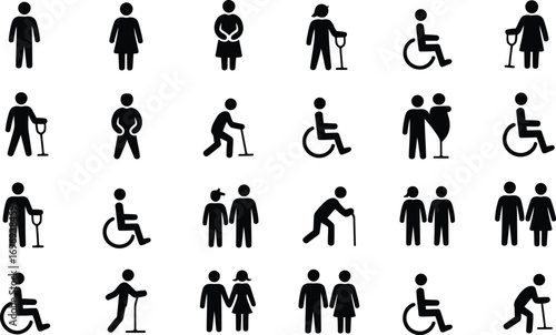 Diverse people icons set featuring individuals with mobility aids and companionship