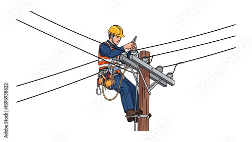 Electrician on the Pole: A skilled electrician is working on a telephone pole. The lines are high above, where the danger lurks.