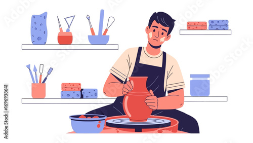 Artisan at the Wheel: A skilled artisan molds clay on a pottery wheel, demonstrating the precision and care involved in this craft. The image conveys a sense of creativity and skillful hands.