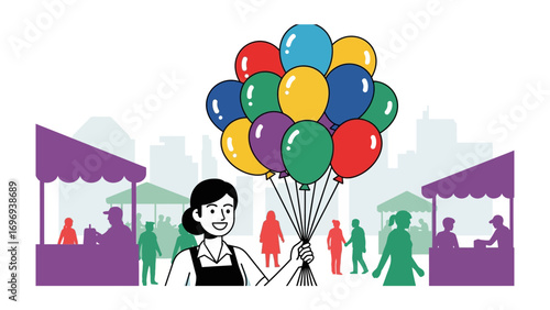 Joyful Bazaar: A vibrant depiction of a bustling bazaar, where a vendor's enthusiasm shines as she clutches a bouquet of colorful balloons, enticing passersby with the promise of festive delight.