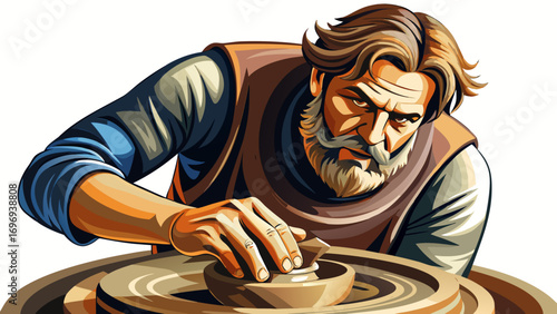 Close-up portrait of male potter molding clay on a wheel. Isolated white background emphasizes artistry, patience, and cultural legacy.
