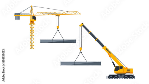 Crane's lifting operation: two different cranes lifting steel bar with yellow color at industrial scene.