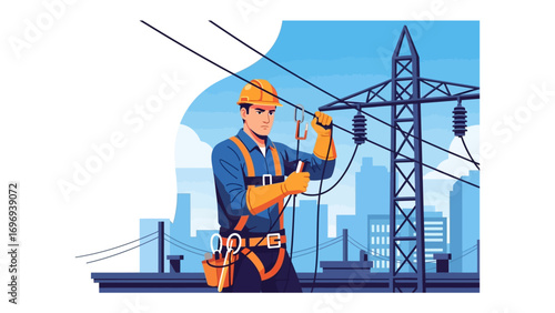 Power Line Technician: A skilled power line technician, securely harnessed and equipped, meticulously works on a high-voltage power line against a backdrop of a stylized cityscape and blue sky.