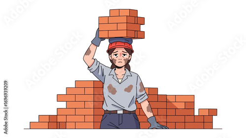 Hardworking Mason: A dedicated mason, balancing a stack of bricks on their head, epitomizes the dedication and strength required for construction, a true testament to resilience. 