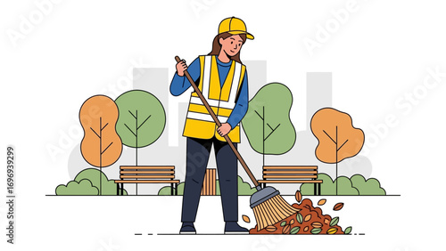 Clean City, Clean Heart: A dedicated street cleaner, clad in a high-visibility vest and sturdy helmet, diligently sweeps up fallen leaves.
